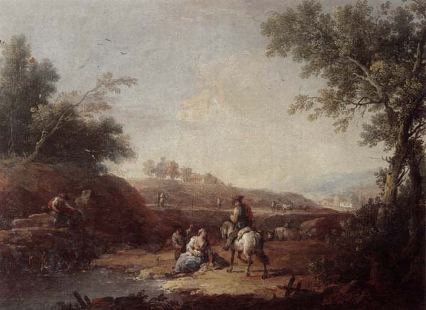 An italianate landscape with fishermen and travellers resting beside a pool